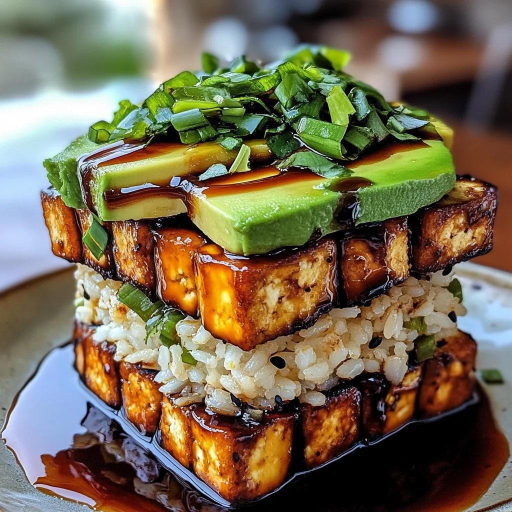 Crispy Teriyaki Tofu and Avocado Rice Stack