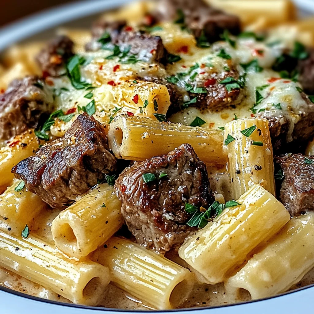 Garlic Butter Steak Tips with Cheesy Rigatoni