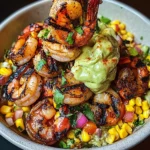 Grilled Shrimp Bowl with Avocado, Corn Salsa & Creamy Sauce